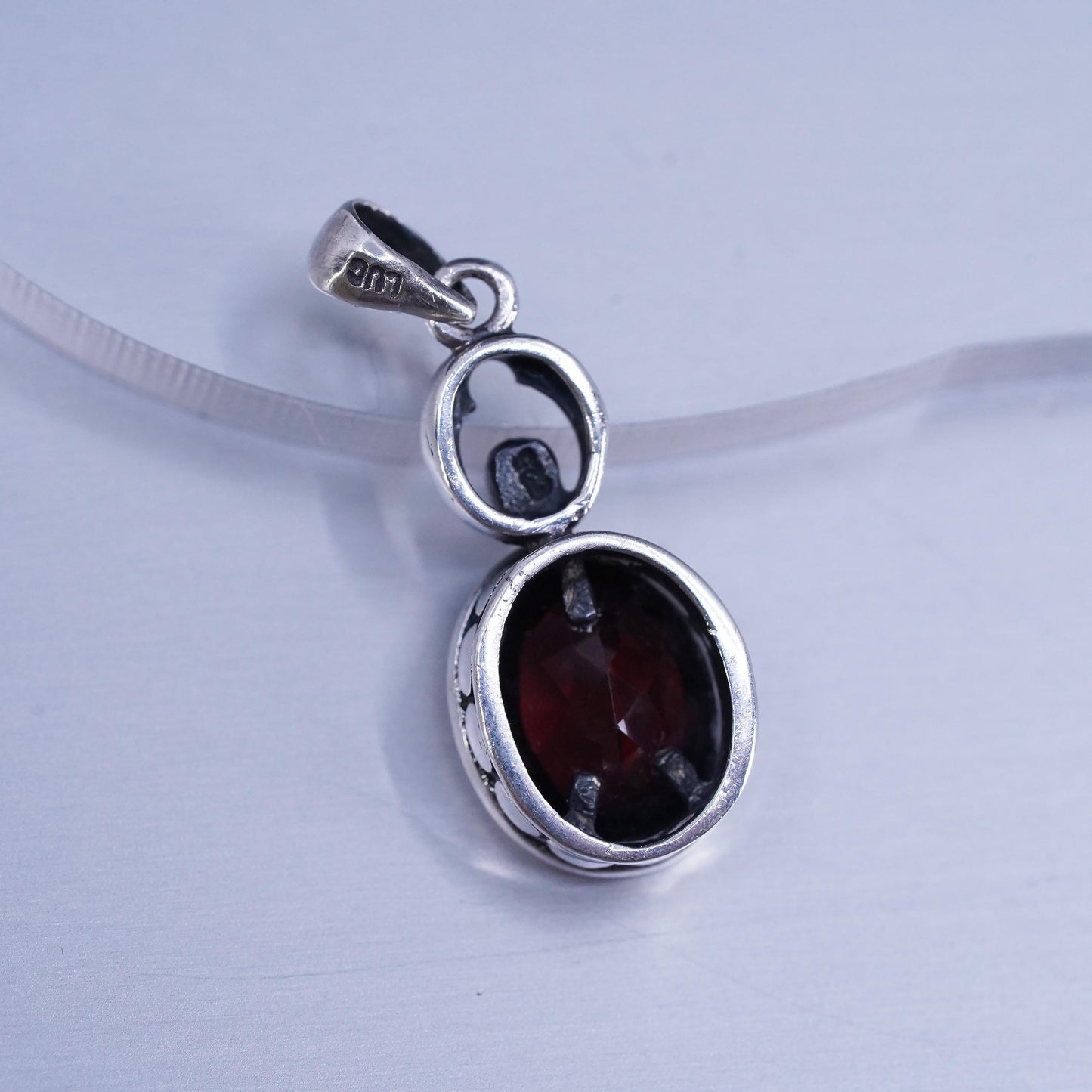 antique LUC sterling 925 silver pendant with oval ruby, stamped 925 LUC