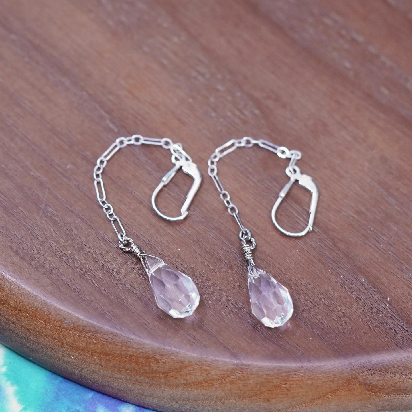Vintage sterling silver handmade earrings, 925 chain drop with teardrop crystal