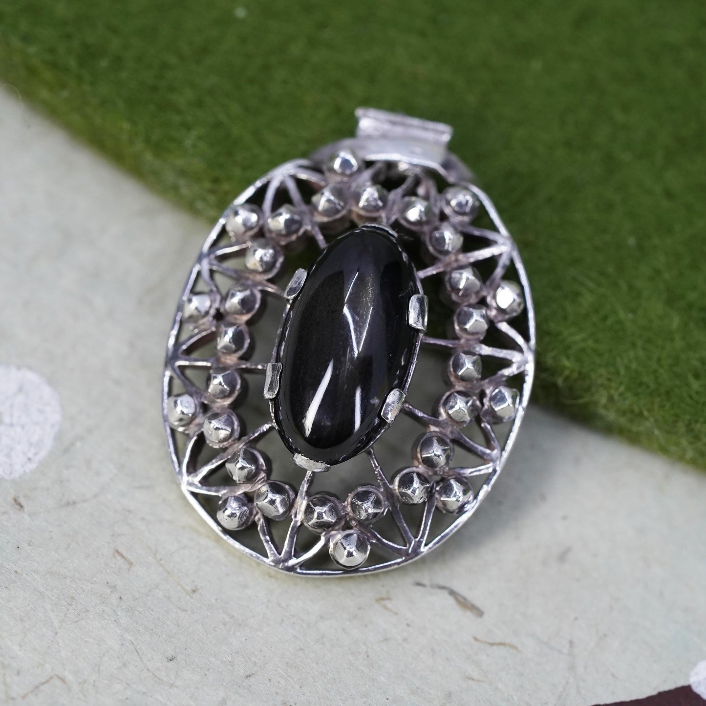 vintage handmade sterling 925 silver pendant oval black star sapphire beads