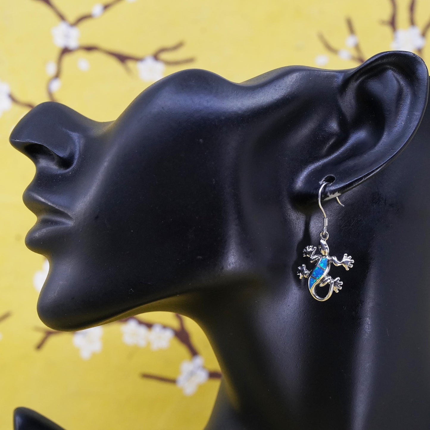 Vintage Sterling silver handmade earrings, 925 lizard with opal inlay