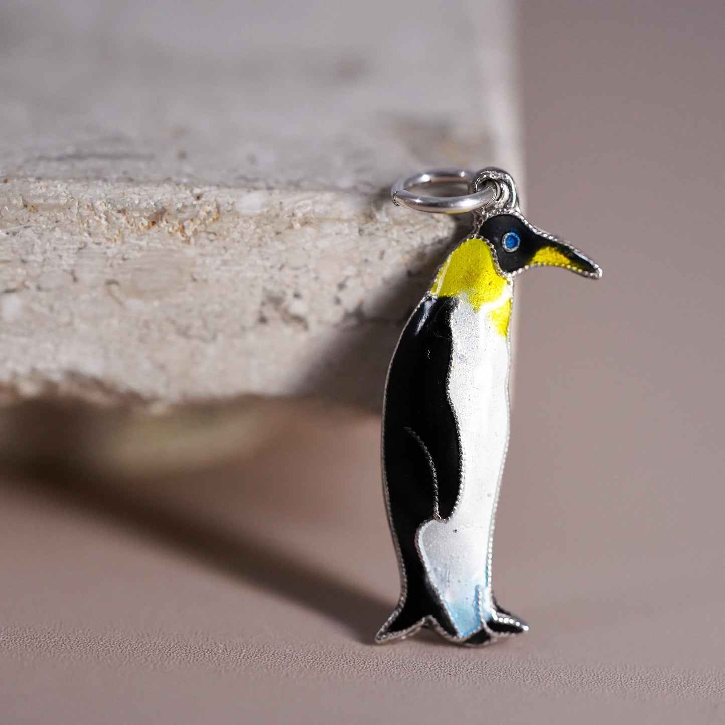 Vintage Sterling 925 silver handmade pendant, enamel penguin bird charm
