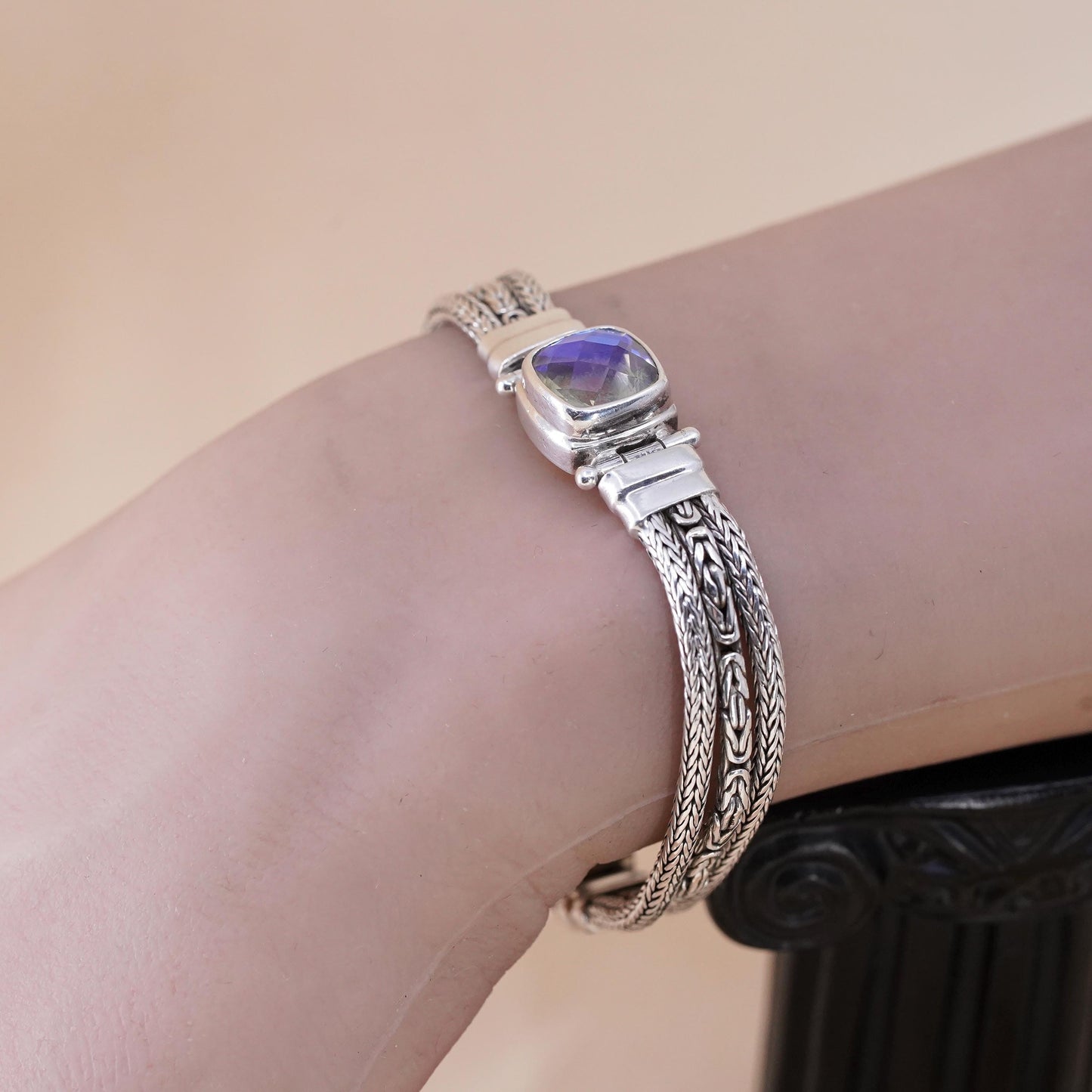 6”, Sarda Sterling silver bracelet, multi strands 925 wheat chain Mystic Quartz