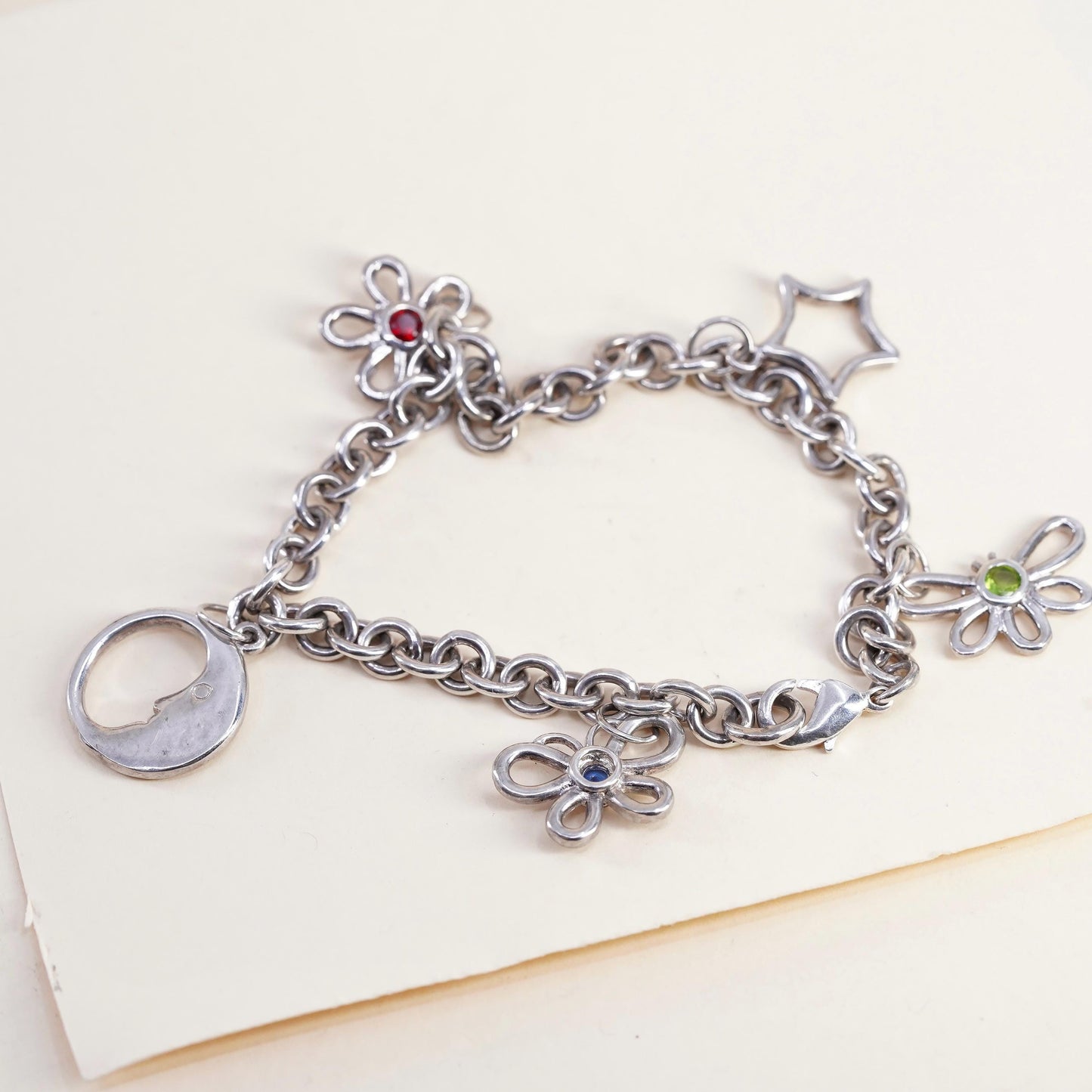6.75”, Vintage sterling 925 silver circle bracelet with flower moon star charms