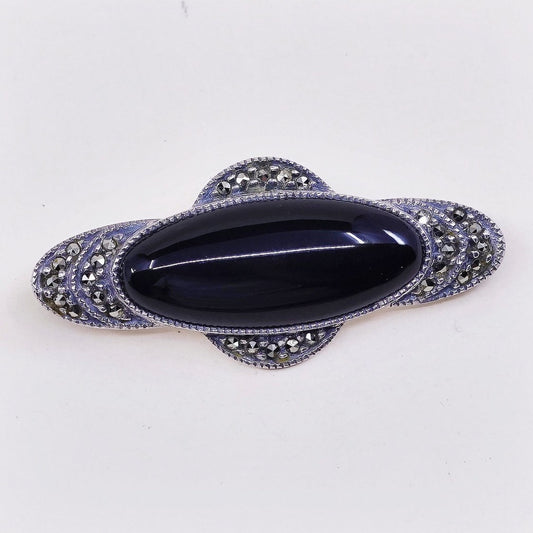 Vintage Judith jack Sterling silver handmade brooch, solid 925 silver with obsidian and marcasite details, stamped sterling JJ