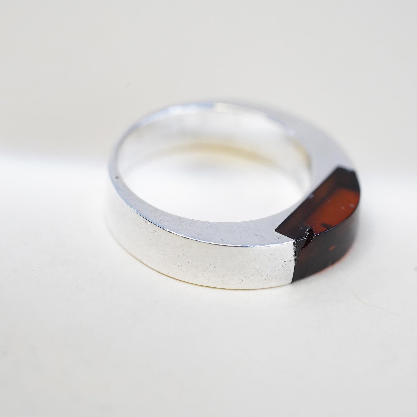 Size 6.5, Vintage sterling silver 925 handmade band ring with Amber inlay