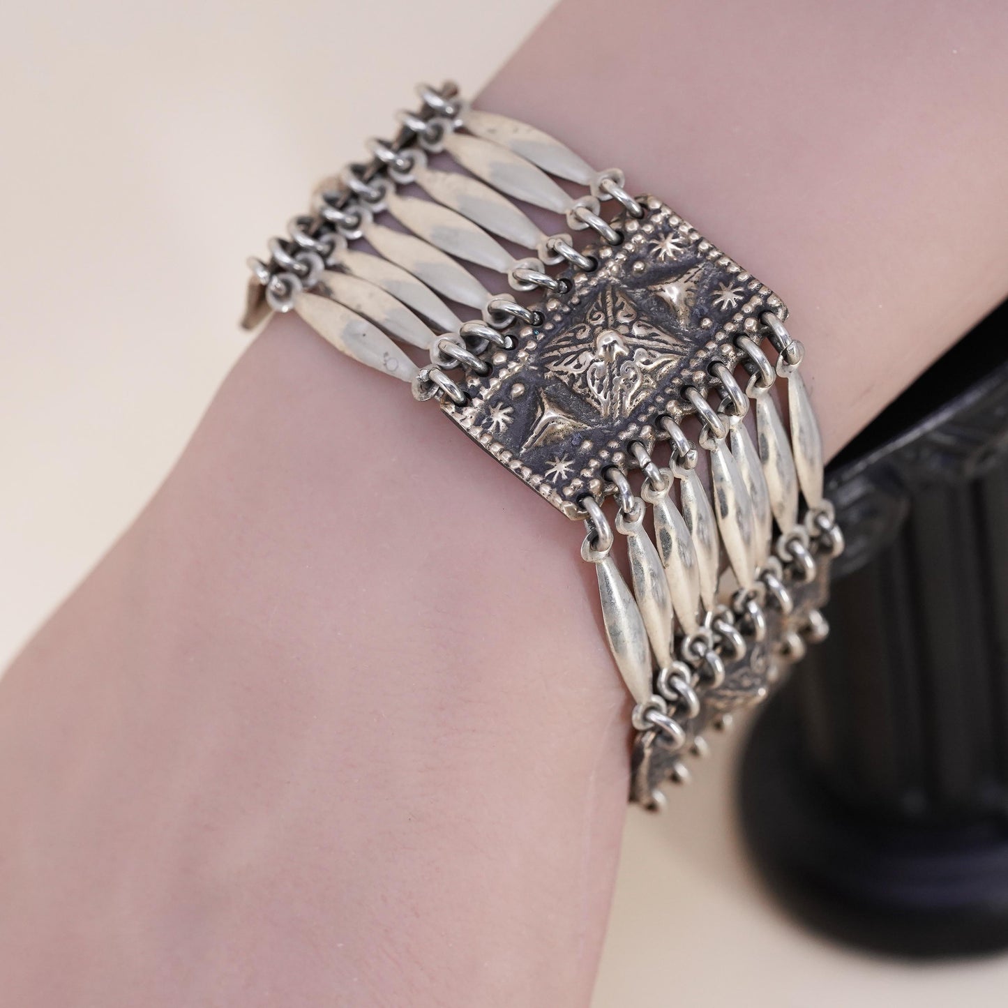 7”, Vintage Sterling 925 Silver Bracelet, Ornate Tribal, Multi Strand Cuff