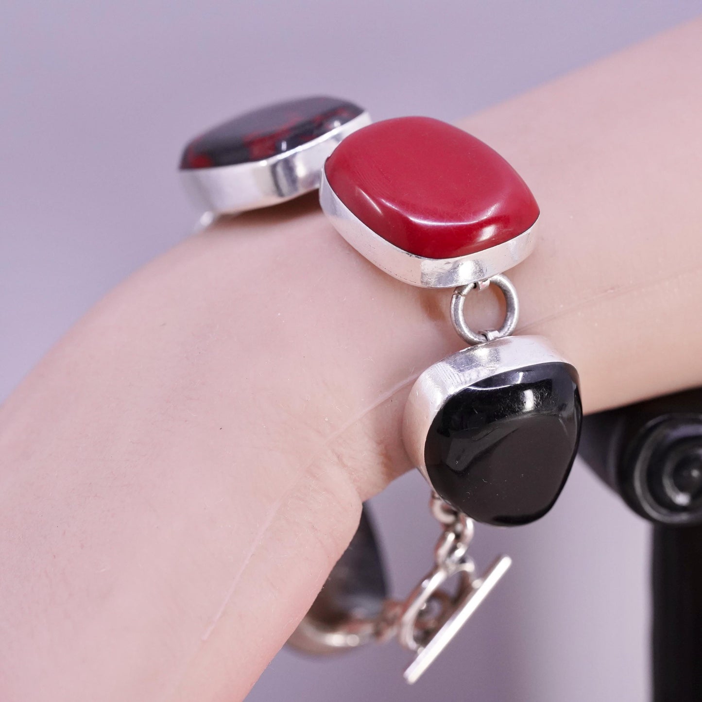 7", Mexican sterling 925 silver bracelet red onyx, bloodstone toggle closure