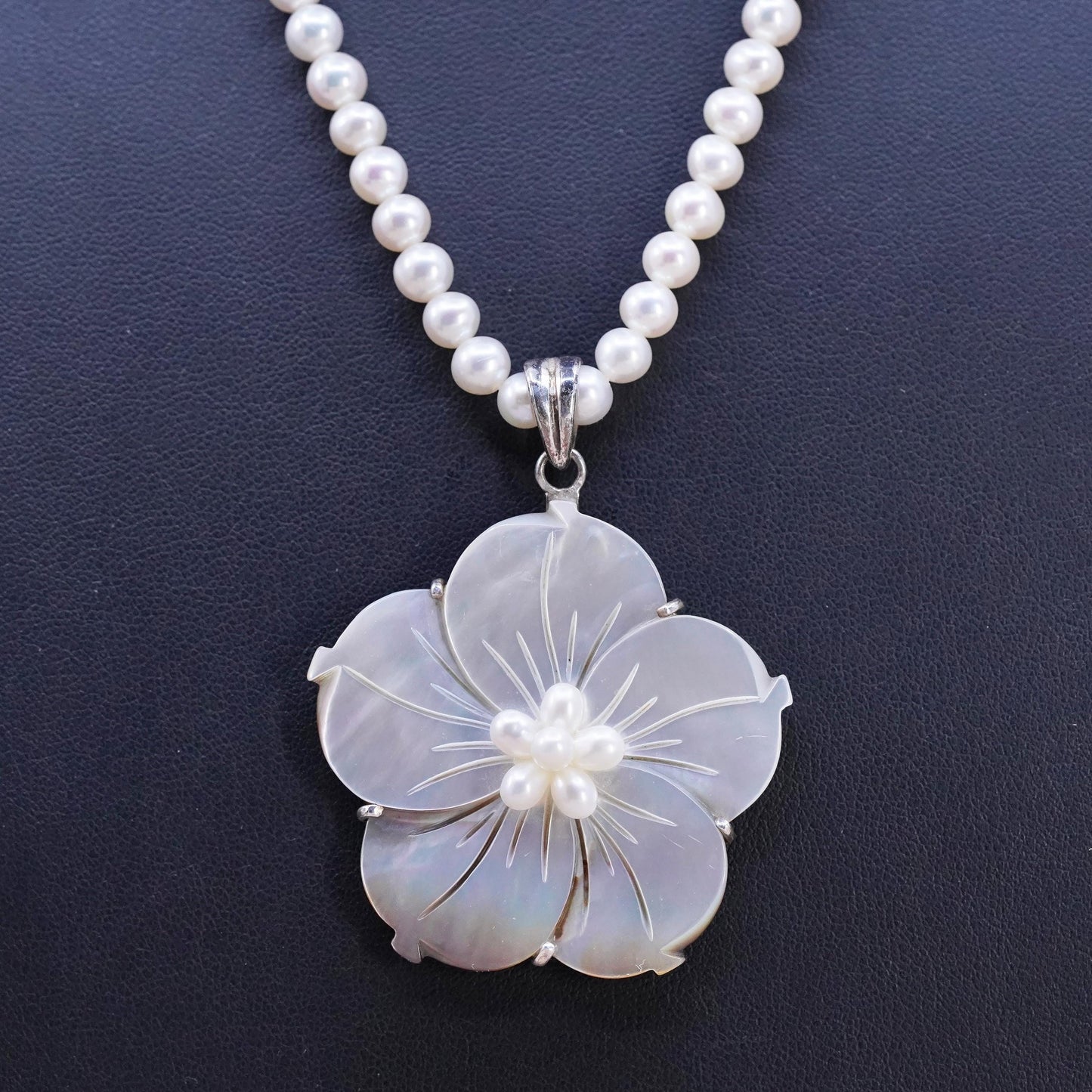 17+2", LUC sterling 925 Silver necklace pearl mother of pearl flower pendant