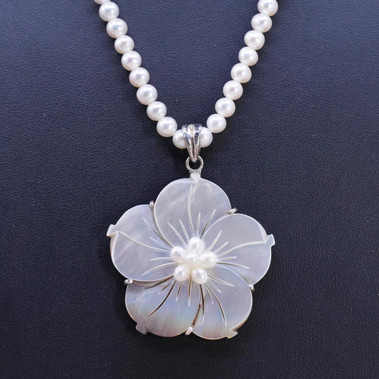 17+2", LUC sterling 925 Silver necklace pearl mother of pearl flower pendant