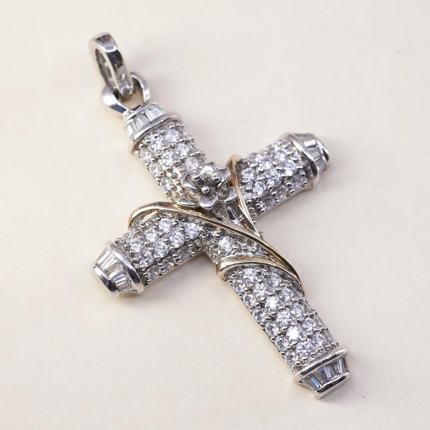 Vintage sterling silver pendant, 925 cross with cluster Cz and gold vines