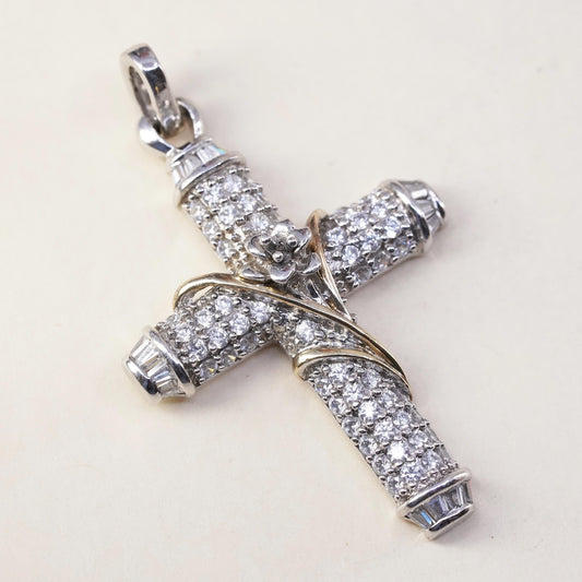 Vintage sterling silver pendant, 925 cross with cluster Cz and gold vines