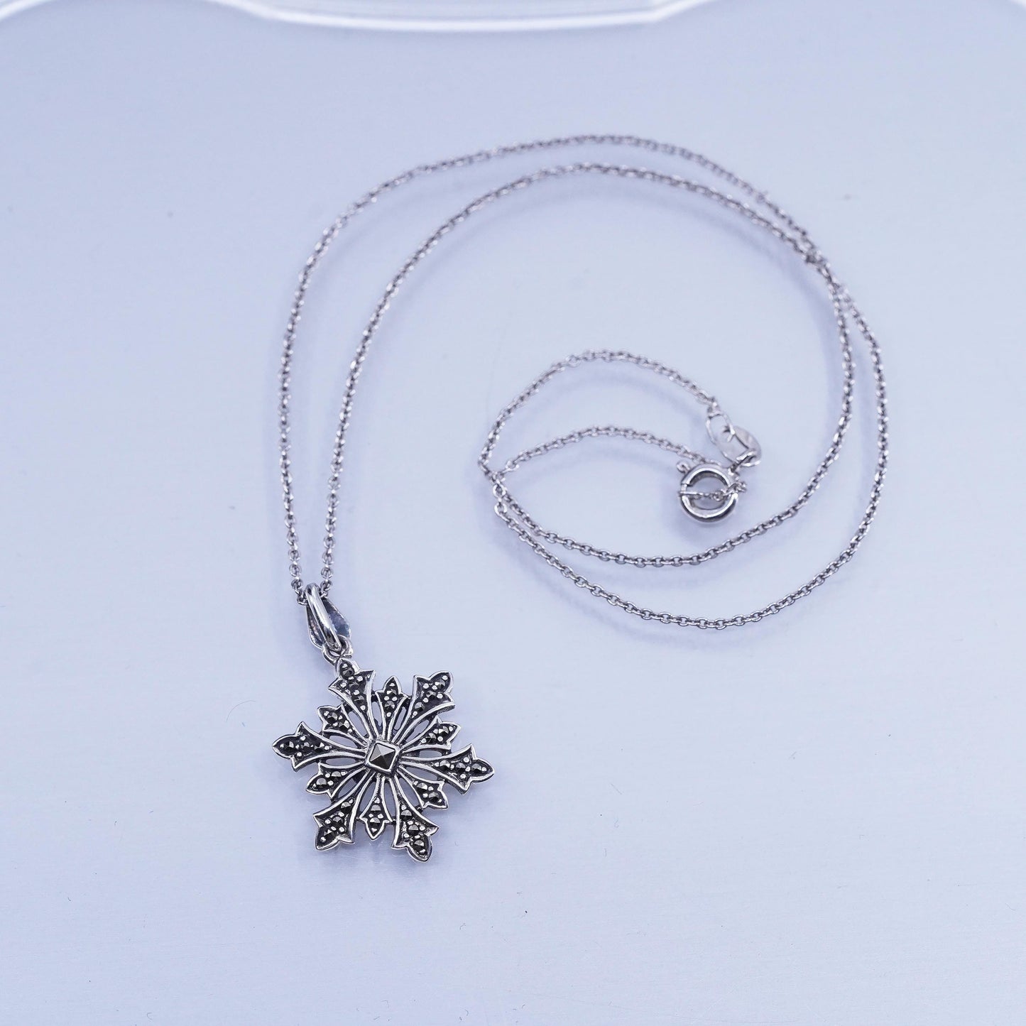 16”, Sterling 925 silver circle chain necklace with snowflake marcasite pendant