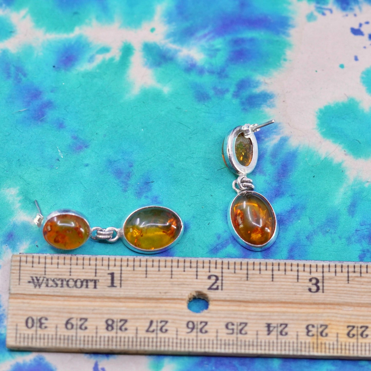 Vintage sterling silver 925 handmade earrings with oval amber