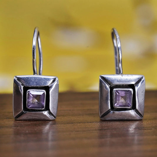 Vintage Sterling 925 silver handmade square earrings with amethyst