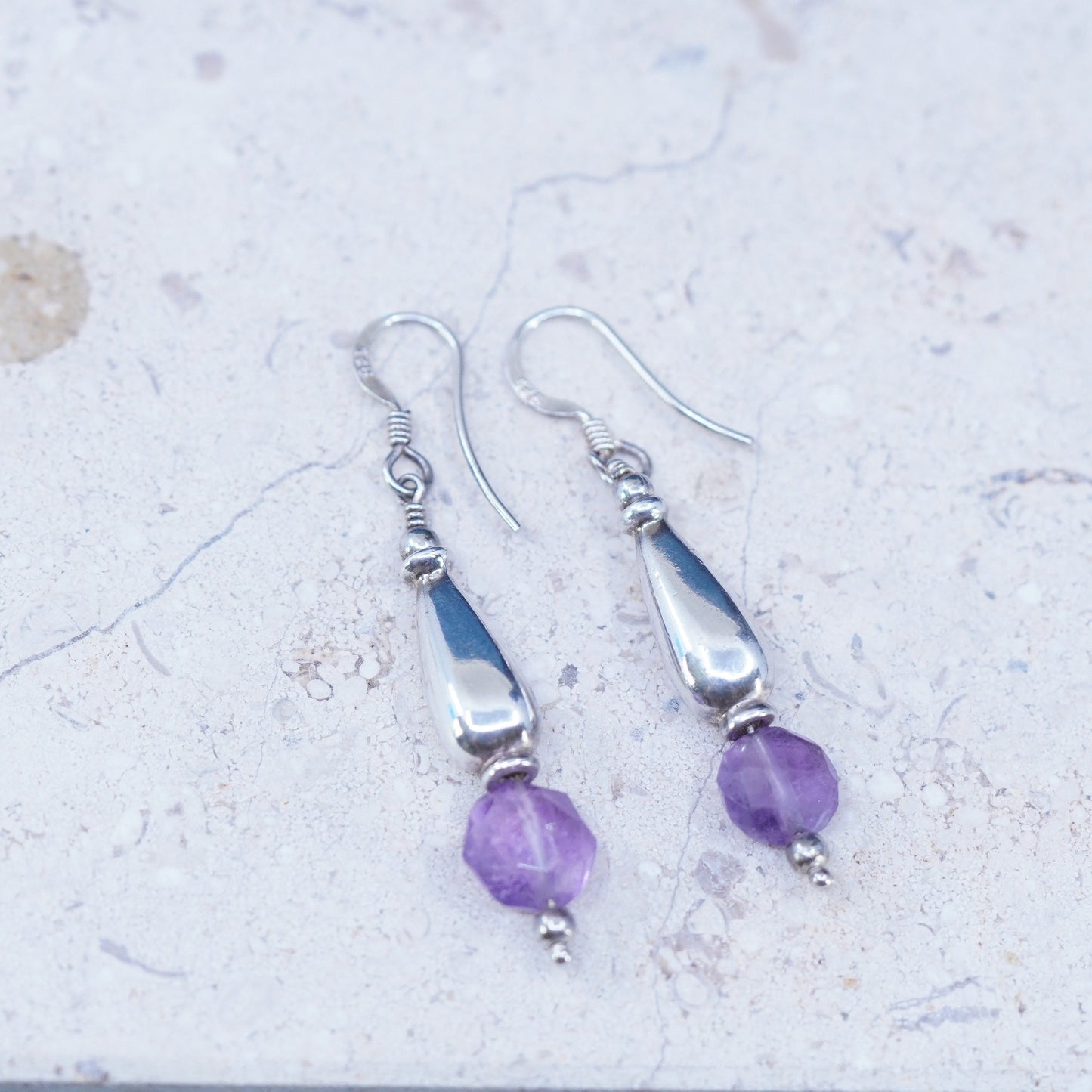 Vintage sterling 925 silver handmade teardrop earrings with amethyst