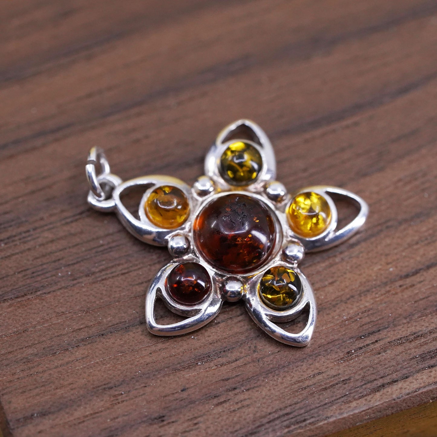 Vintage Sterling 925 silver handmade flower charm pendant with amber