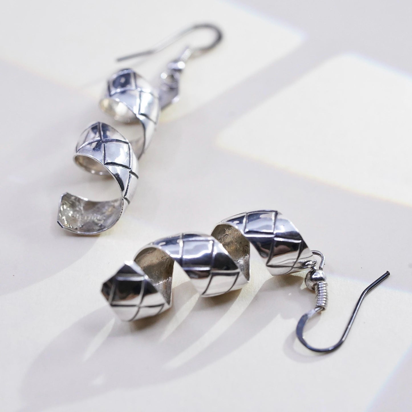 Vintage sterling silver handmade earrings, 925 twisted spiral dangles