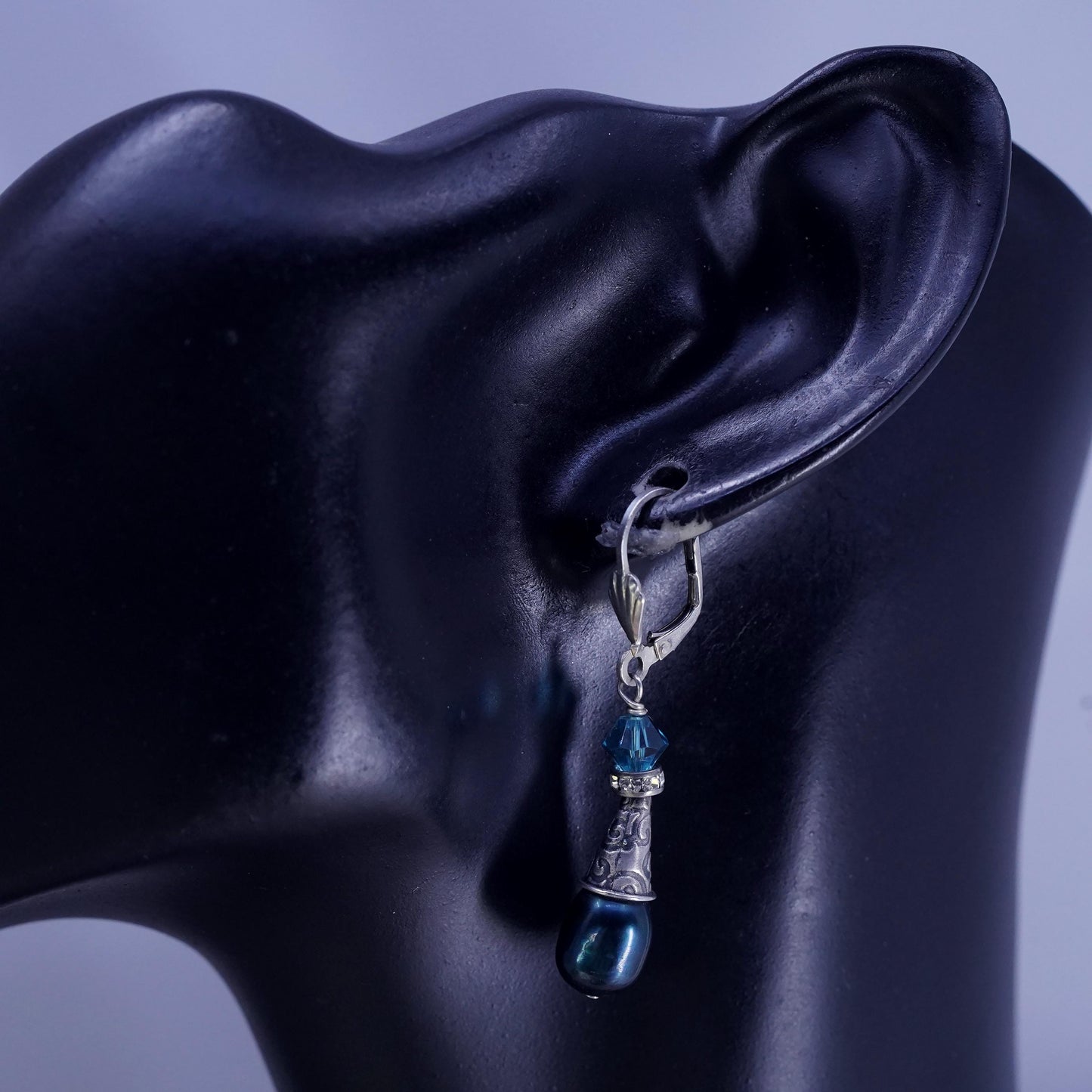 Vintage antique Sterling 925 silver handmade earrings with teardrop black pearl