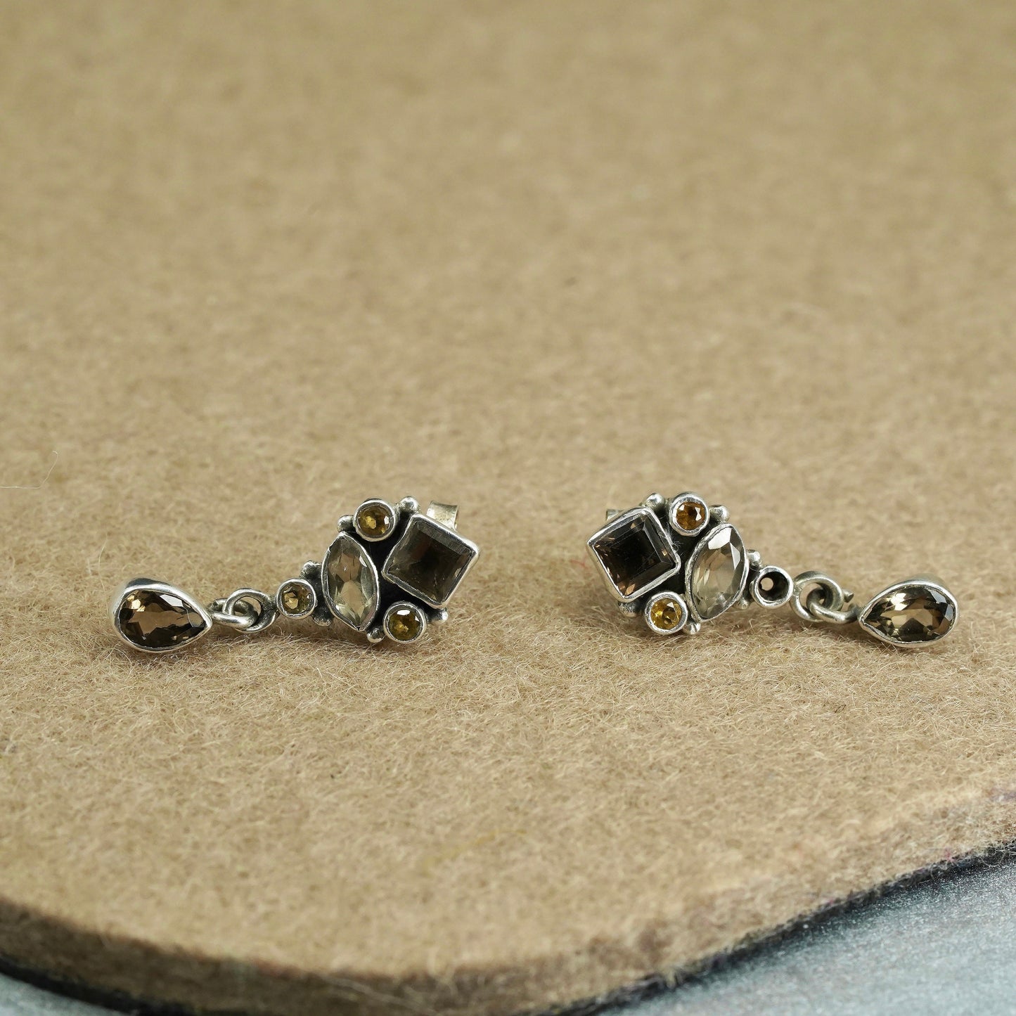 Vintage Sterling 925 silver handmade earrings with teardrop smoky topaz