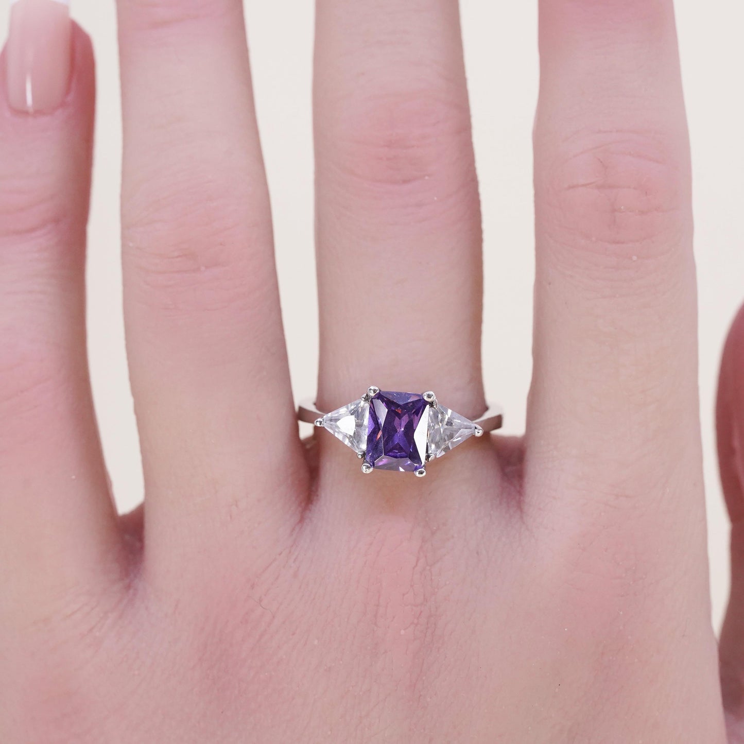 Size 8.5, Vintage sterling 925 silver handmade ring with amethyst and cz