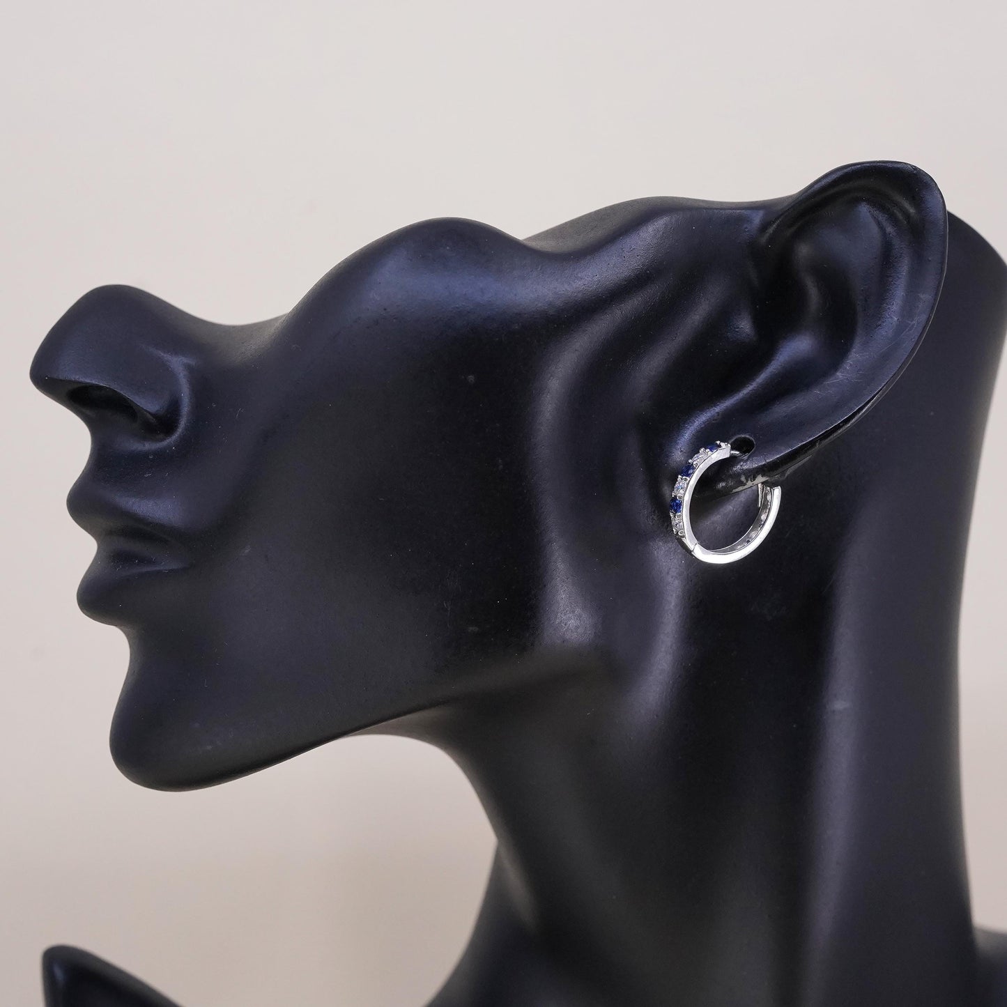 0.75”, sterling silver single earring, 925 huggie hoop with sapphire and cz