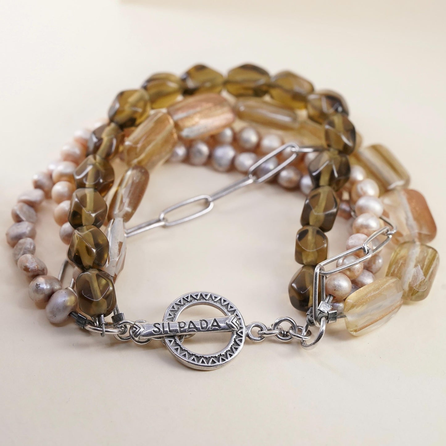 7”, B1412 Silpada sterling silver 925 pearls smokey quartz 5 strands bracelet