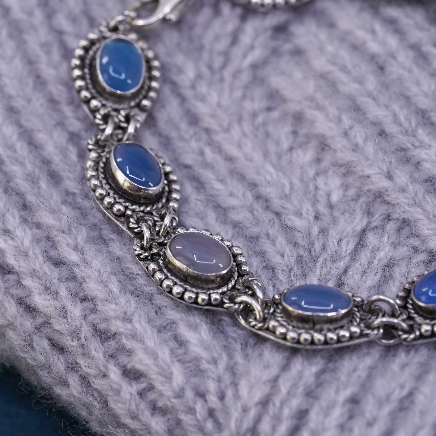 6.75", Sterling silver handmade bracelet, 925 beads links chain blue crystal