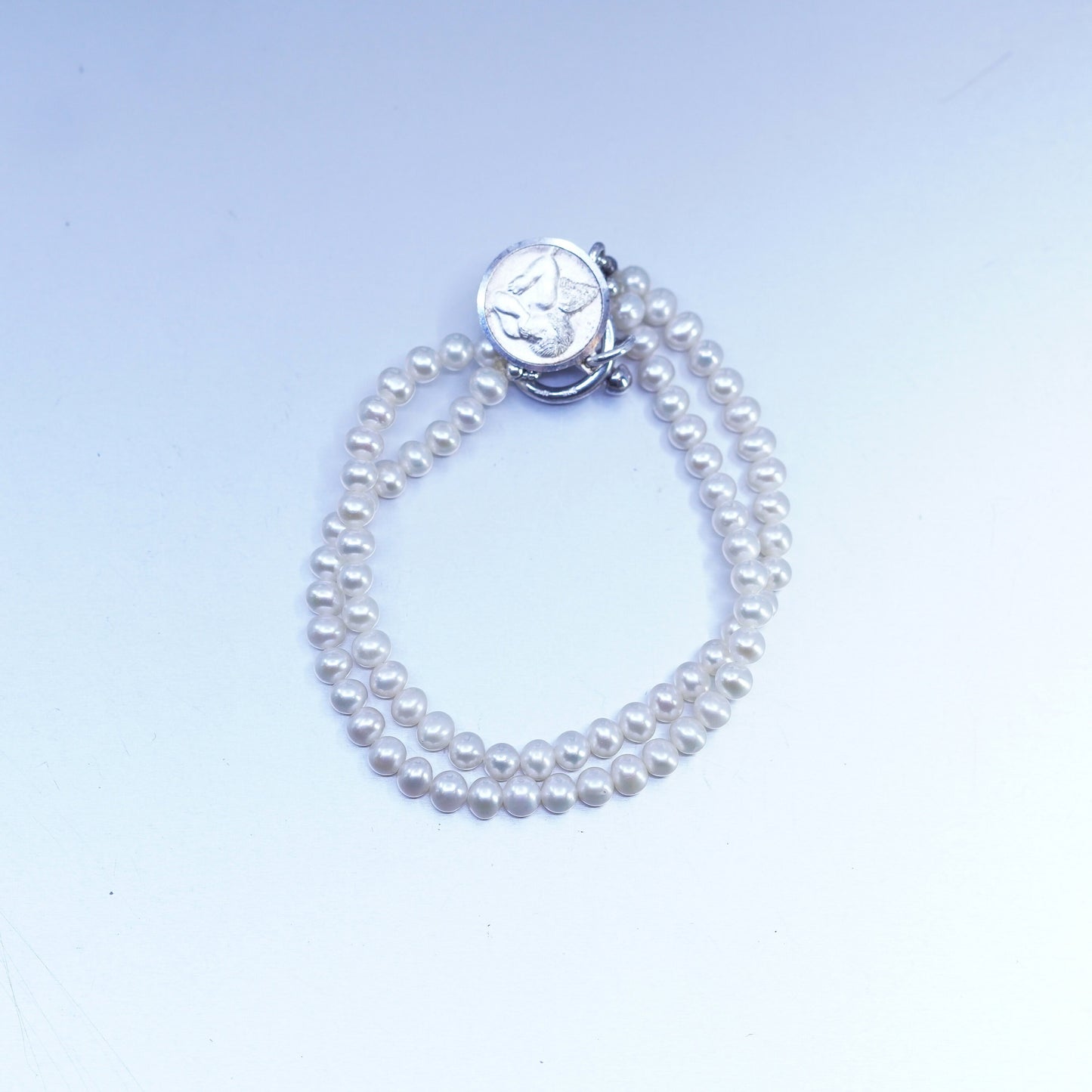 7.25”, RM Sterling 925 silver bracelet freshwater pearl beads and Angel tag