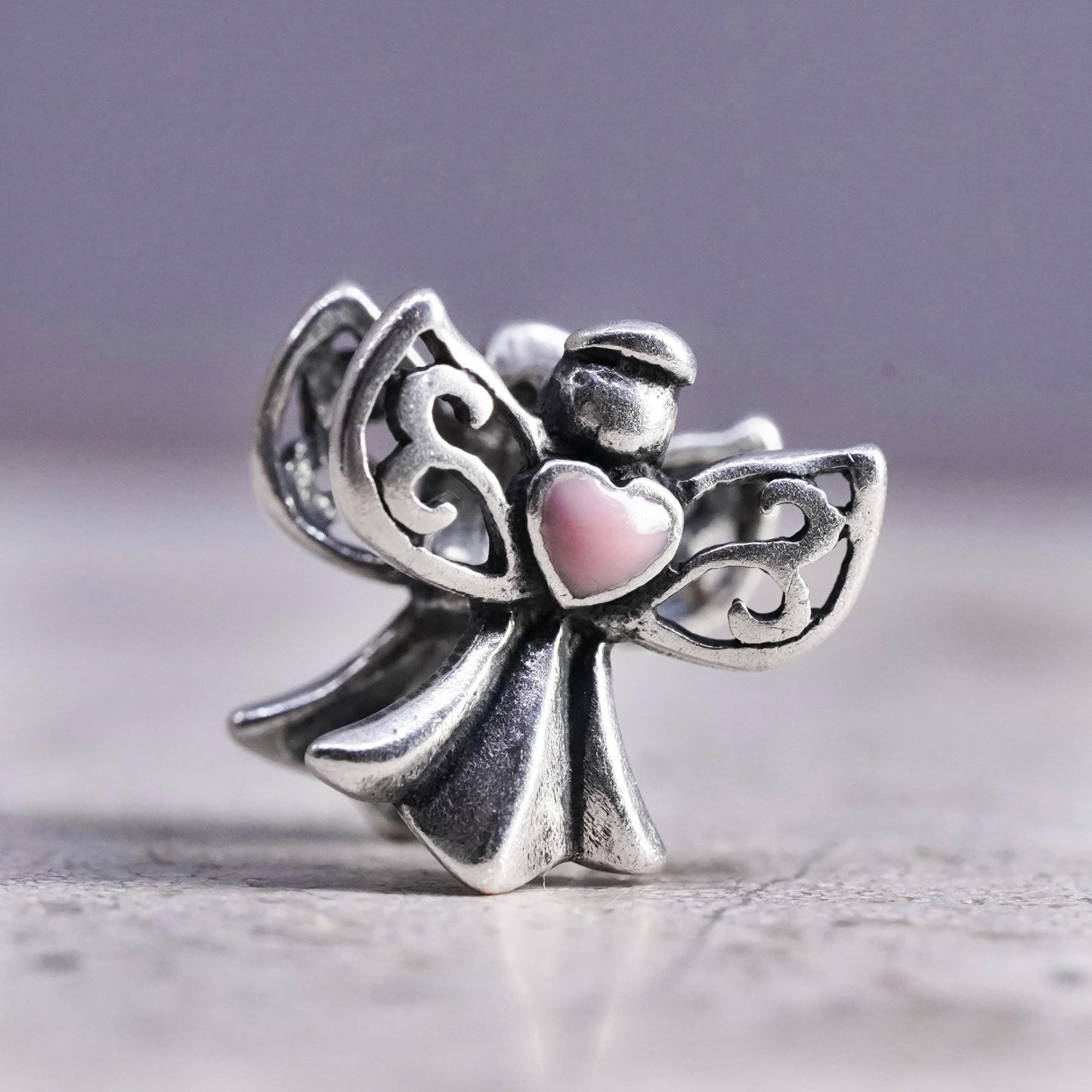 Vintage sterling silver handmade pendant, 925 Angel charm w//pink enamel heart