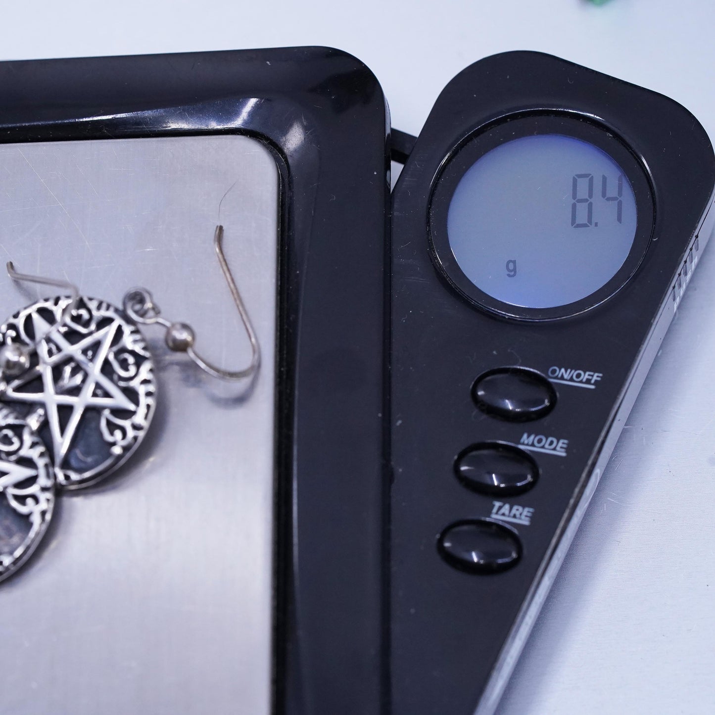 P. Borda 925 Sterling Silver Pentagram Star Earrings, Tree of Life inlay Gothic