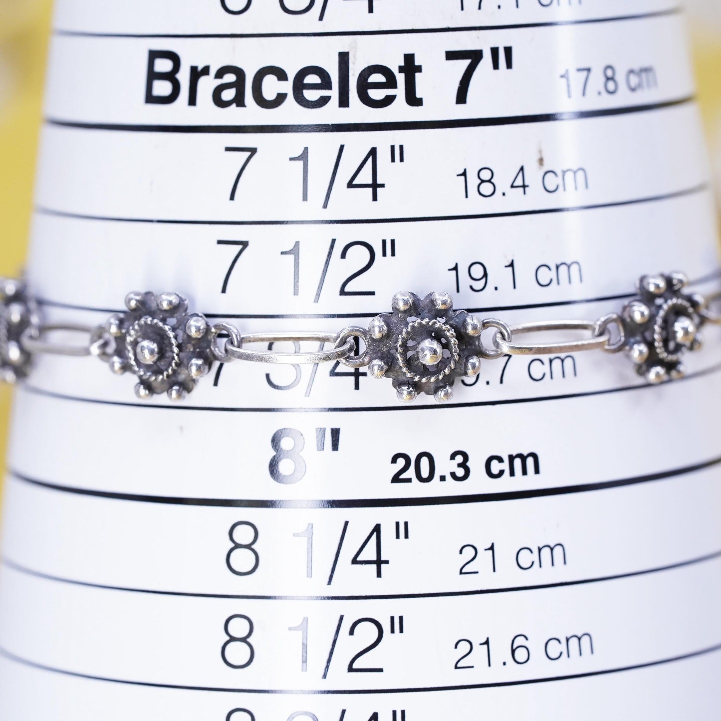7.75", Vintage Sterling silver handmade bracelet, solid 925 silver flower links