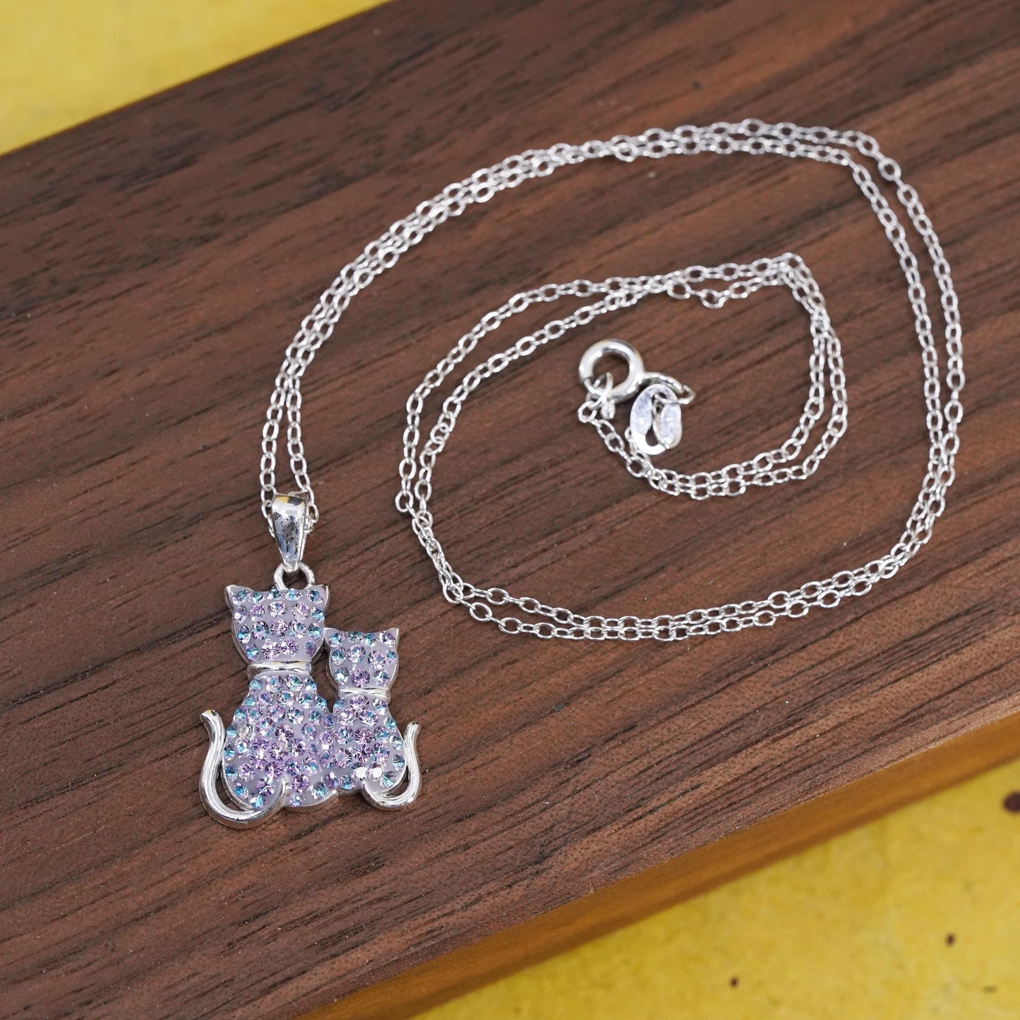 18" Sterling silver necklace motherhood, 925 cluster cz cat mother baby, kitty