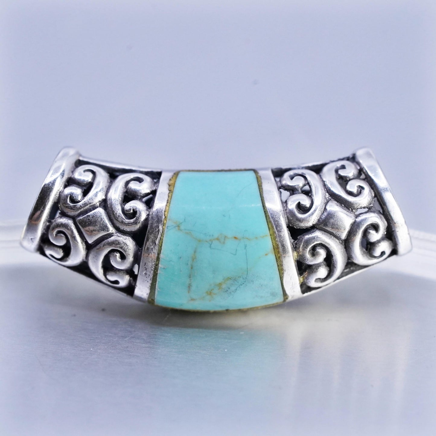 Vintage Thailand sterling 925 silver filigree slide pendant turquoise inlay