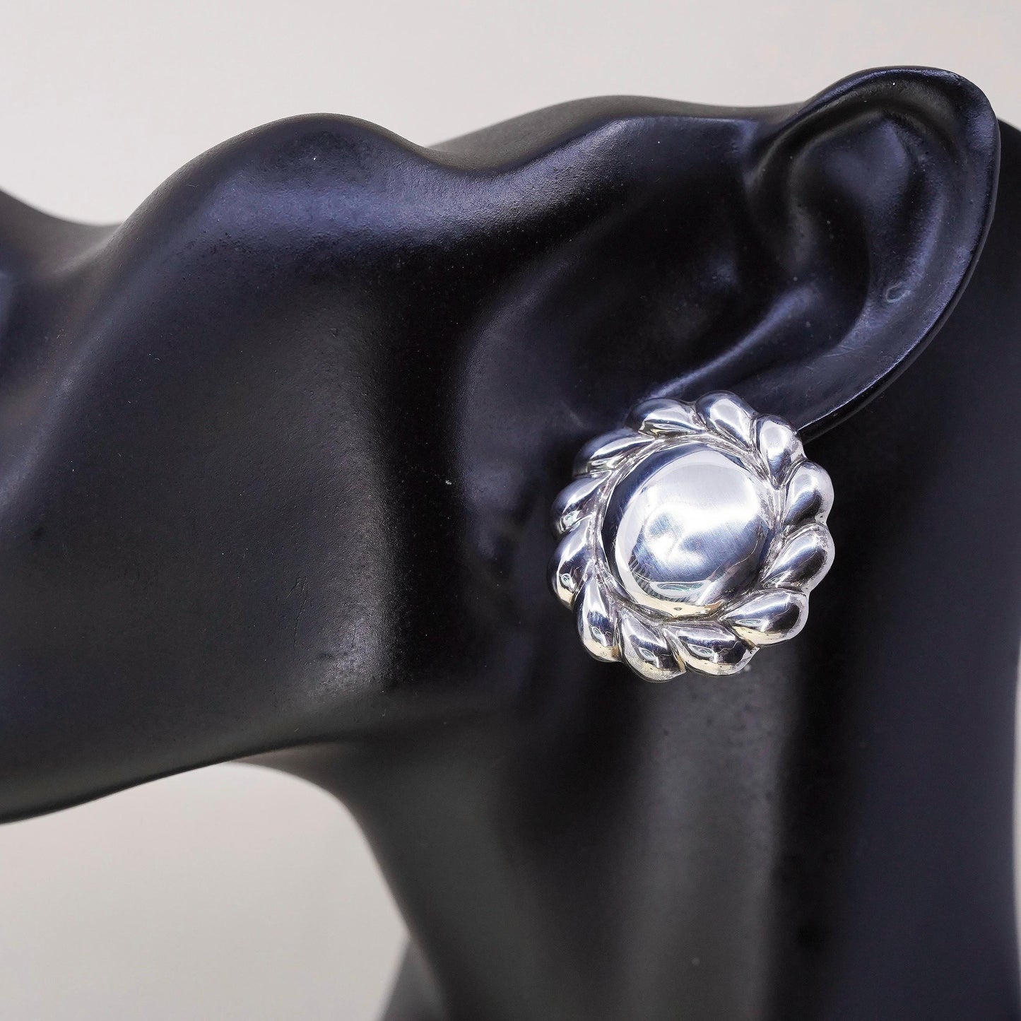 vintage Modern handmade Sterling clip on, 925 round puffy floral earrings