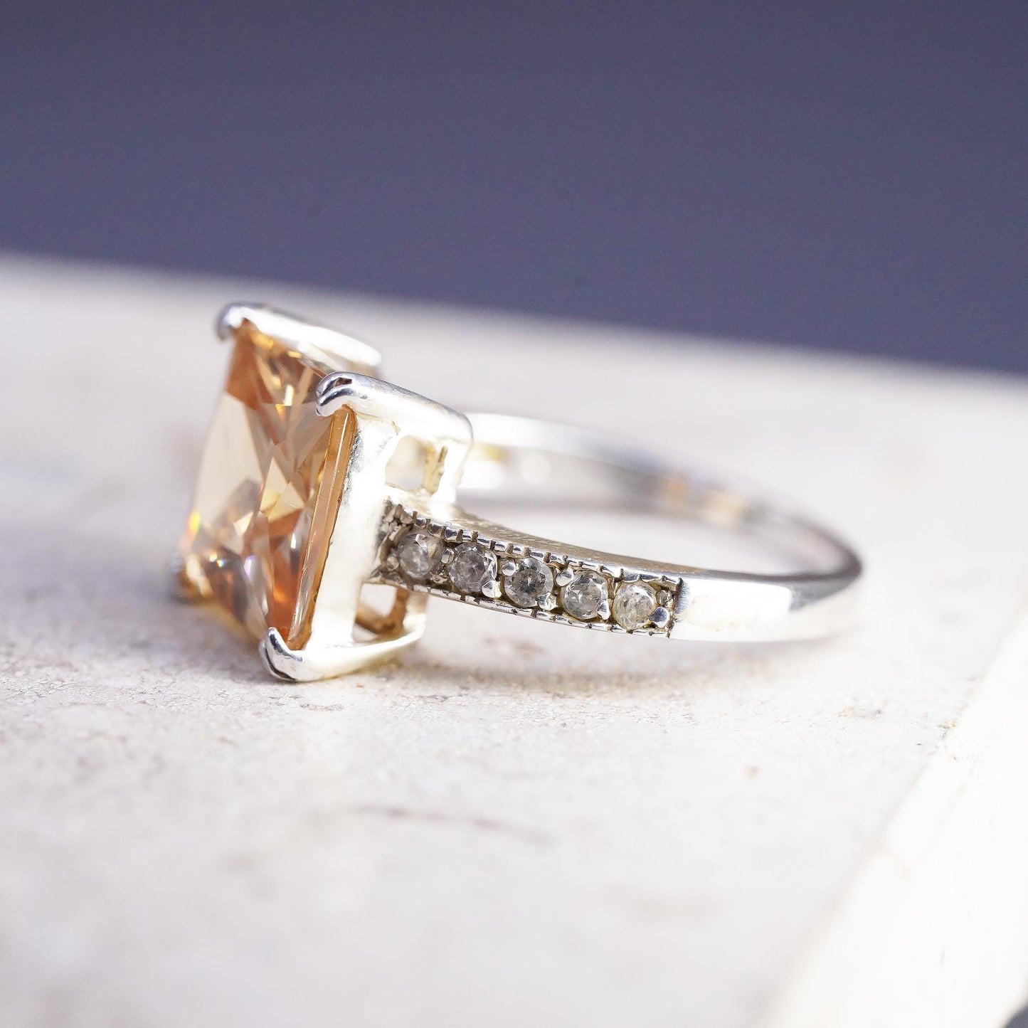 Size 8.25, VTG 925 Sterling Silver Champagne CZ Ring, Princess Solitaire Ring