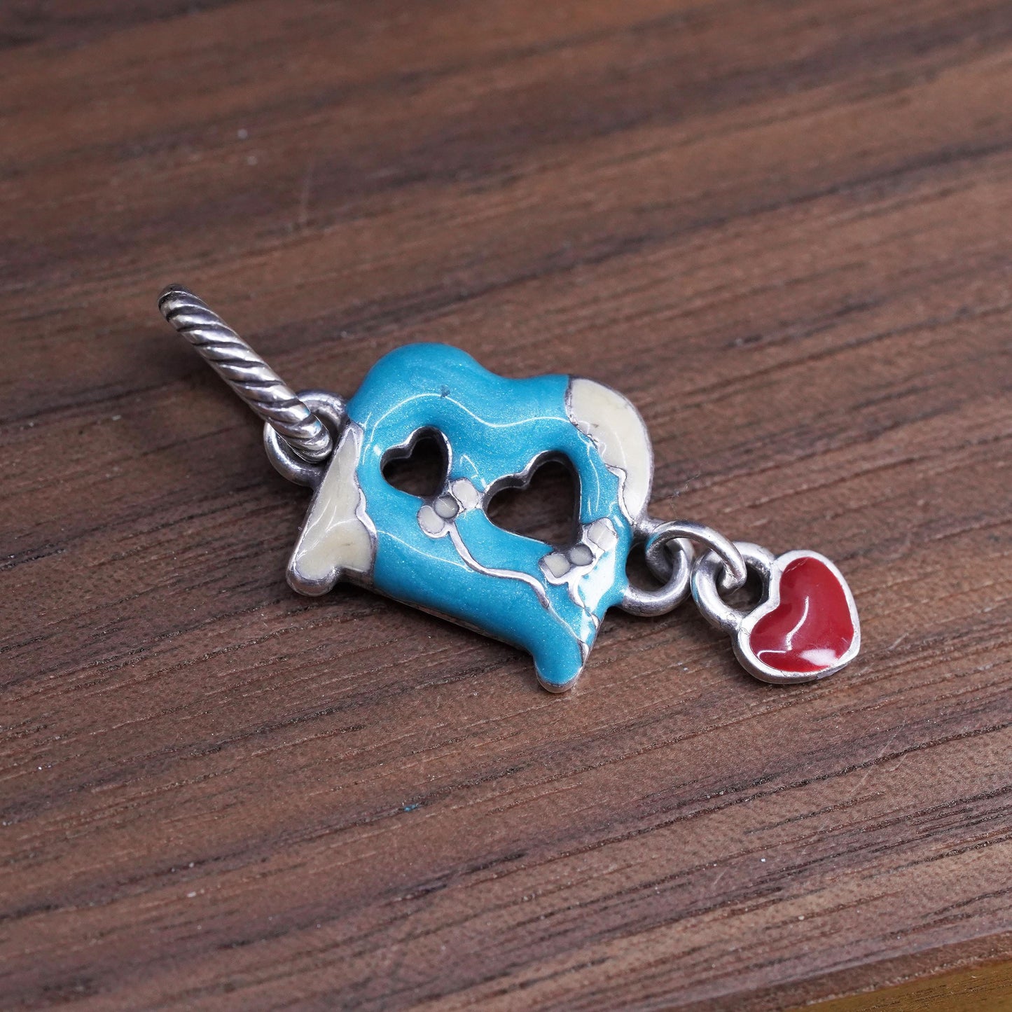 Vintage silver tone handmade charm, enamel letter B pendant