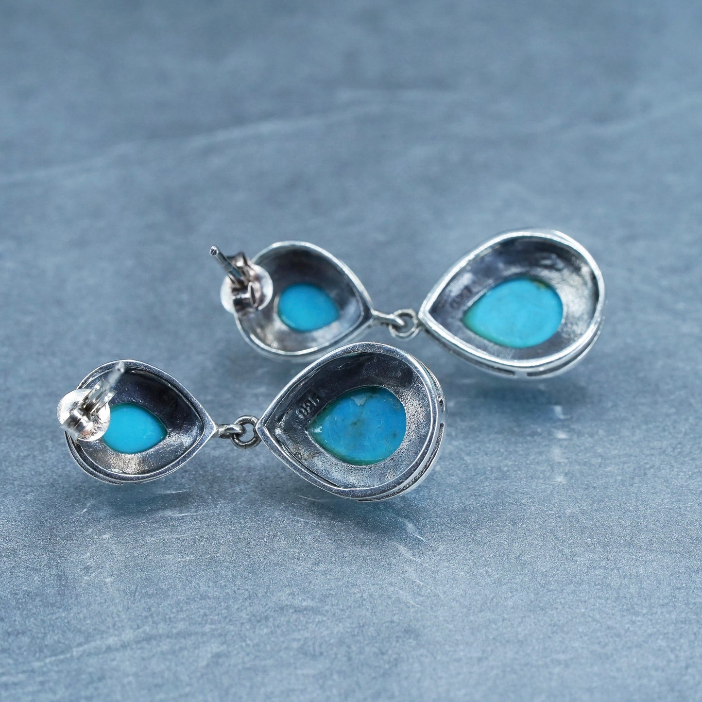 Vintage Sterling 925 silver handmade earrings with teardrop turquoise