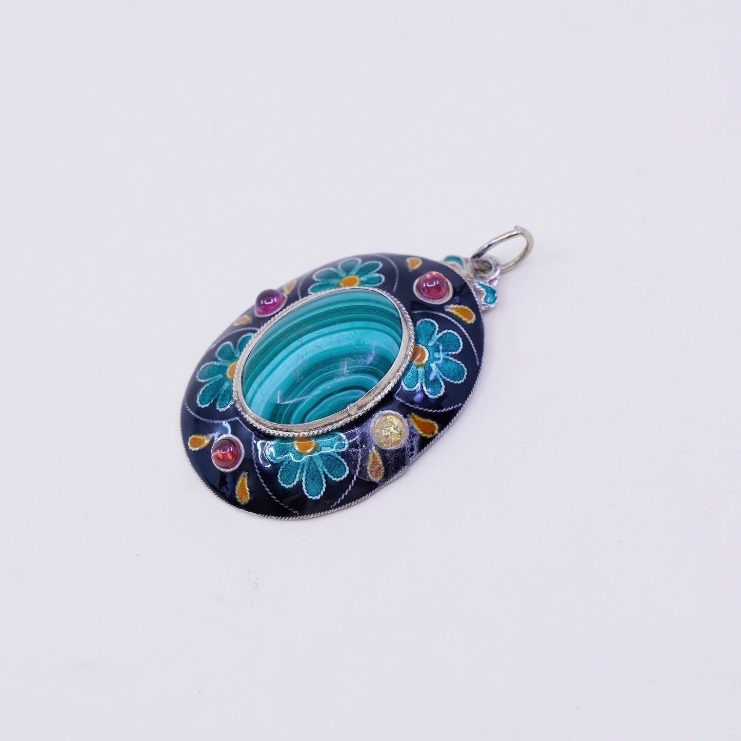 vermeil gold over sterling silver handmade pendant, 925 enamel oval malachite