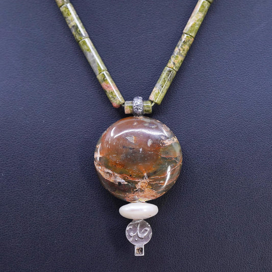 16", vintage Sterling 925 silver necklace fancy landscape Jasper, tube beads