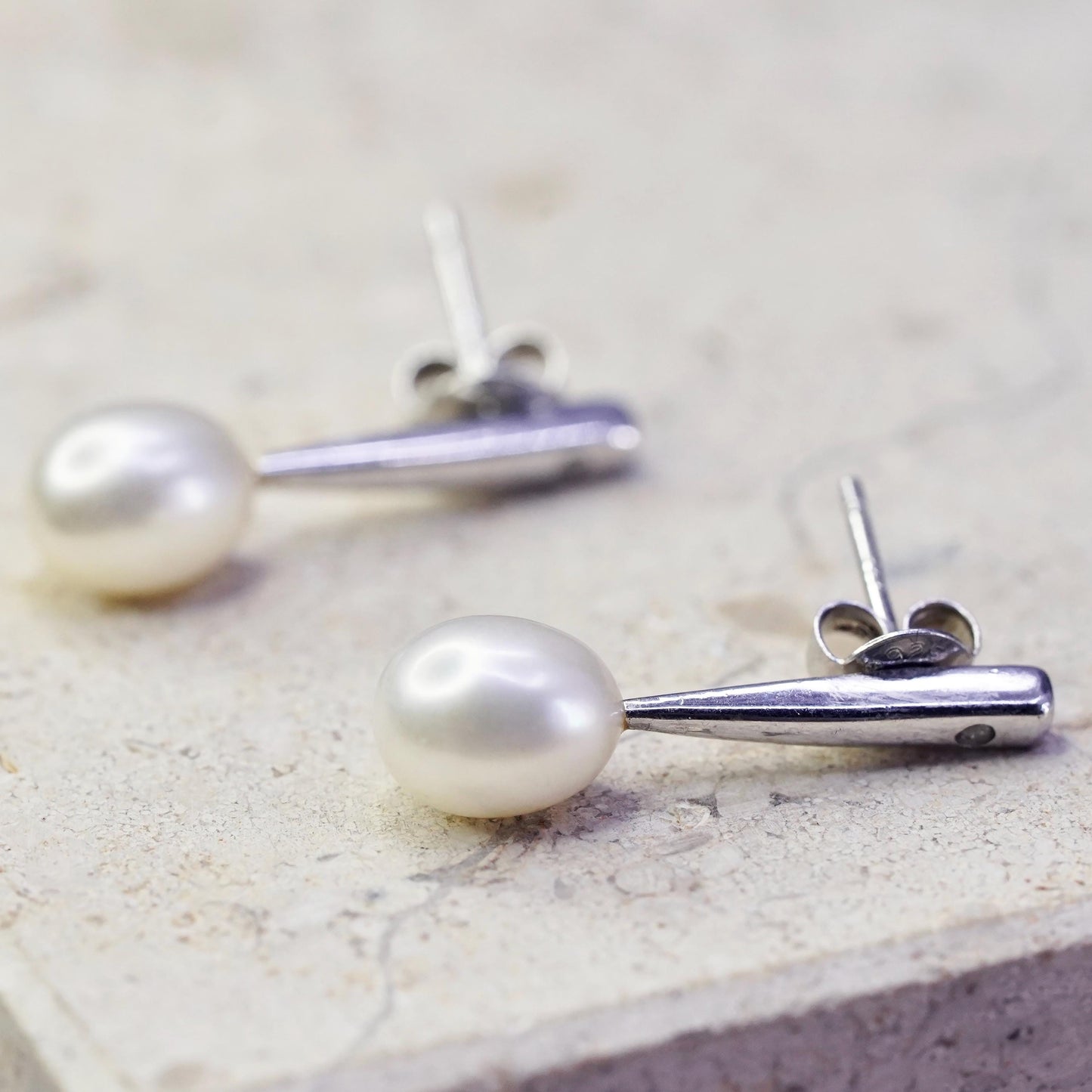 Vintage sterling silver handmade earrings, 925 studs with pearl