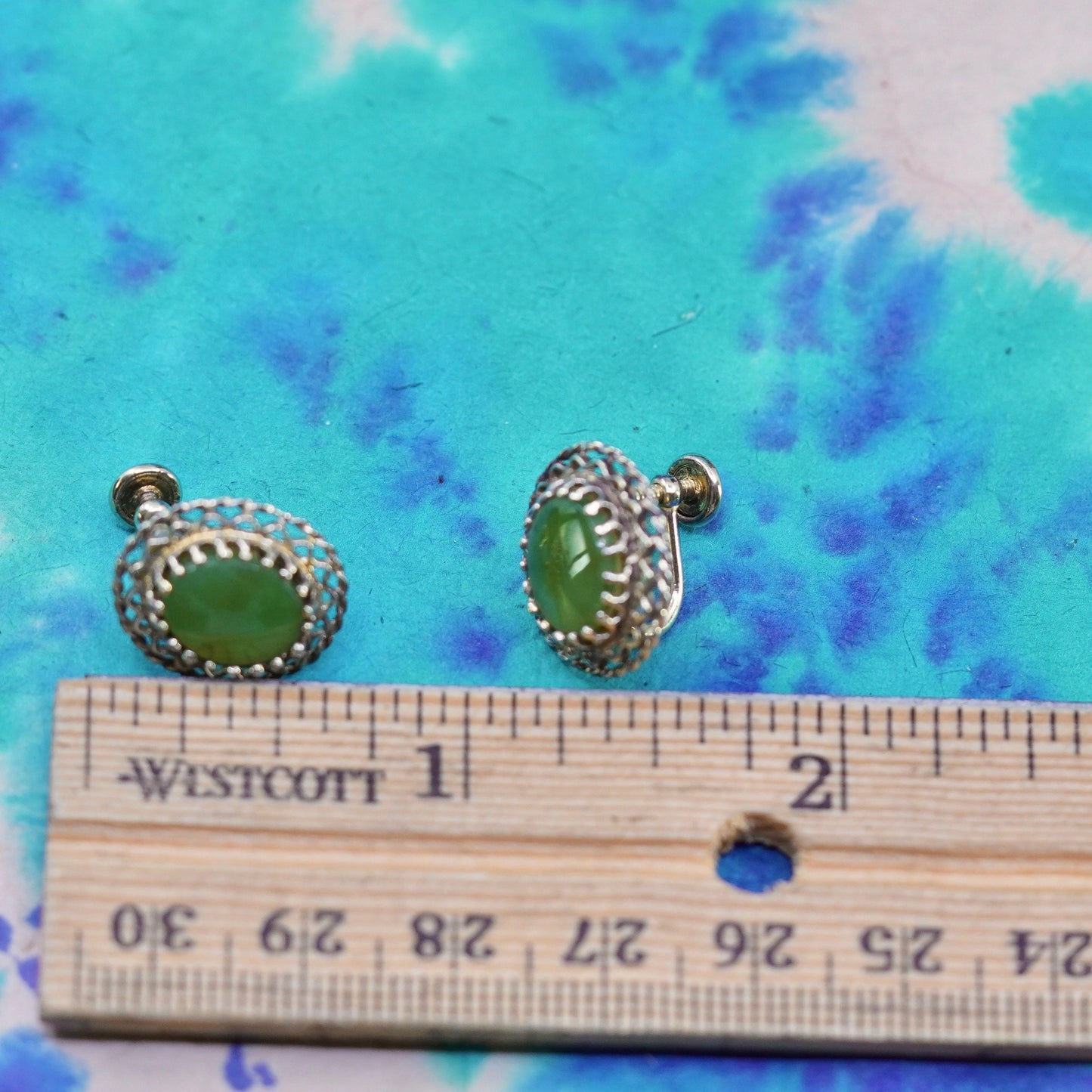 vermeil Sterling silver handmade earrings, gold 925 filigree screw back jade