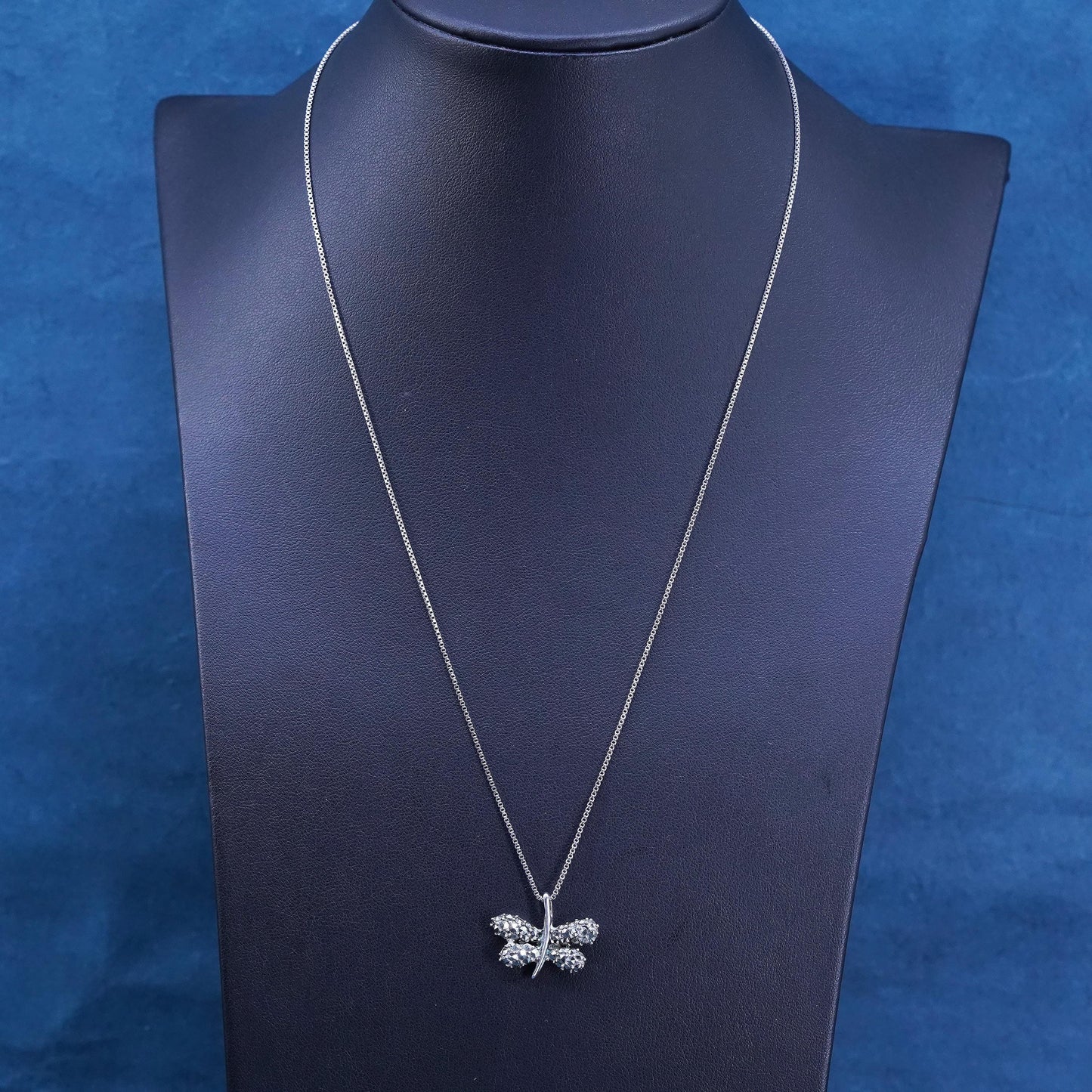 20", VTG Sterling silver necklace, 925 box chain marcasite butterfly pendant