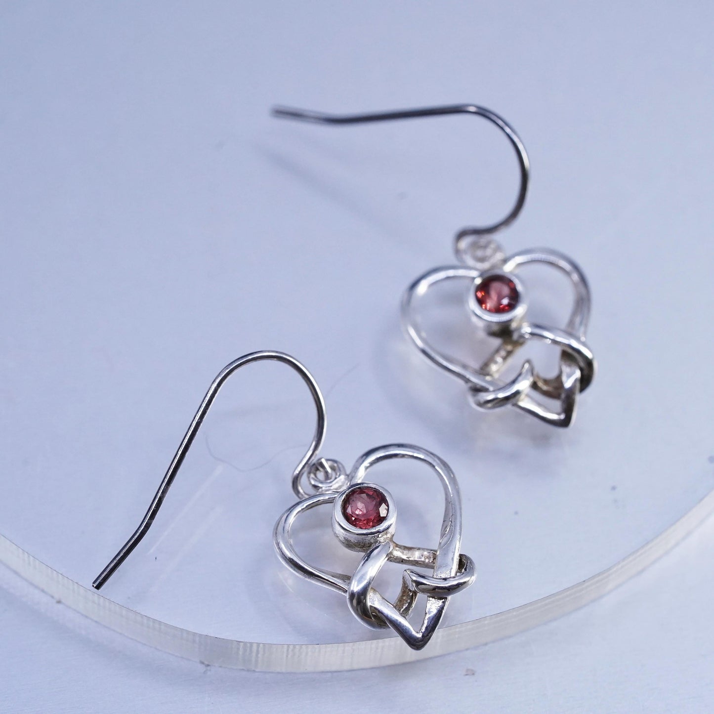 Vintage Sterling 925 silver heart earrings with garnet