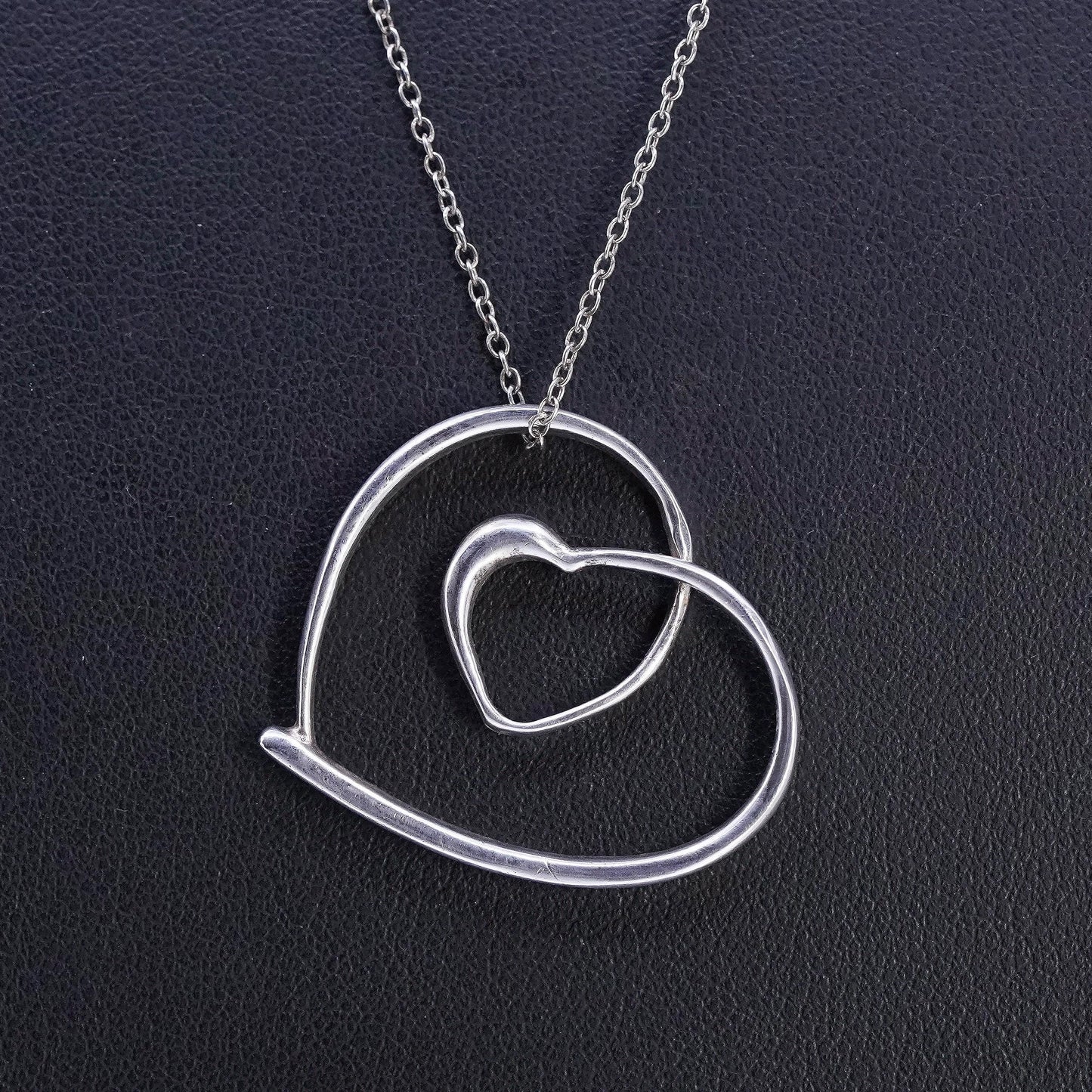 18", vintage Sterling 925 silver handmade circle necklace double heart pendant