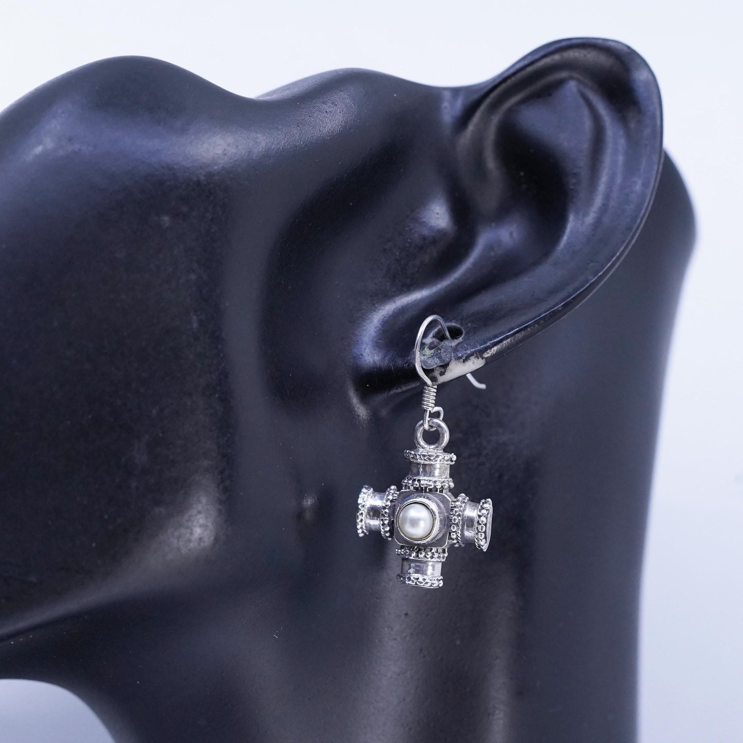 VTG Sterling 925 Silver Cross Earrings with Pearl, Dangle Earrings, Gothic Boho