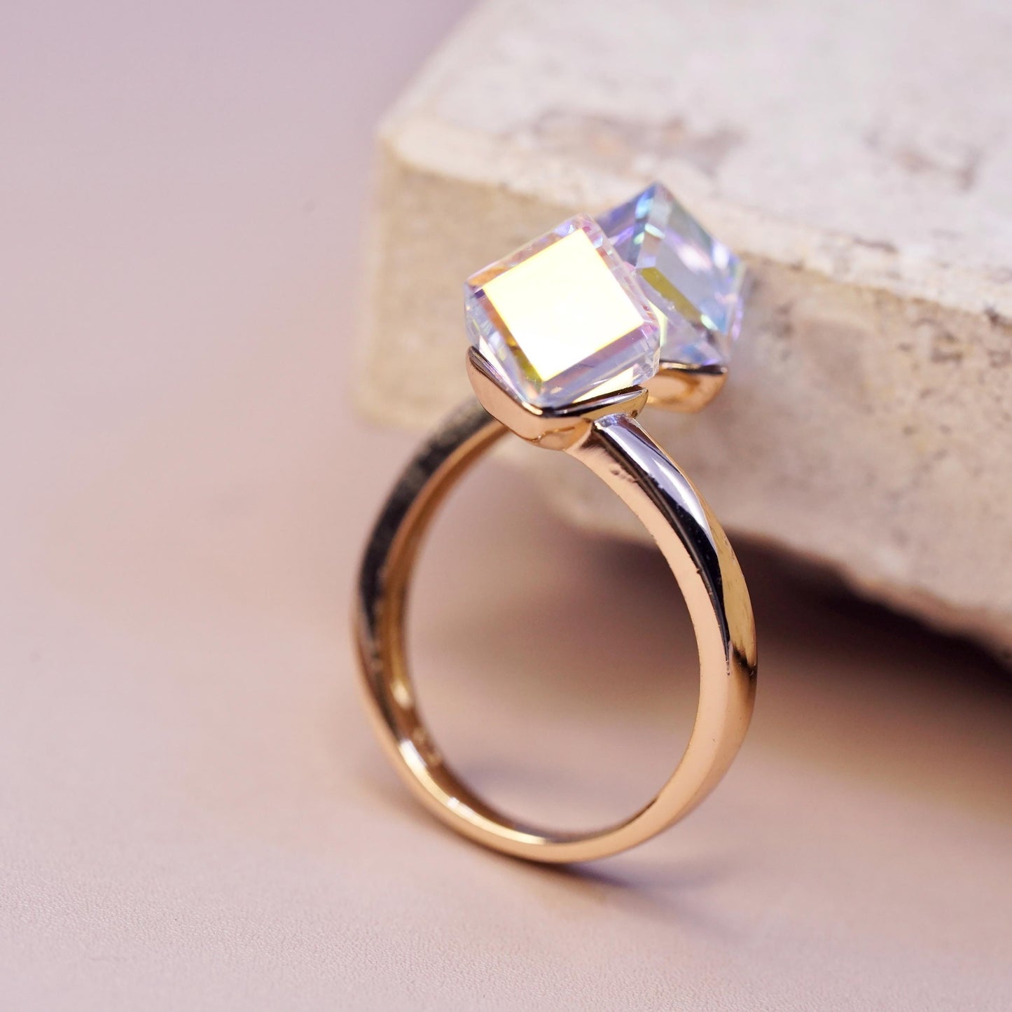 Size adjustable, gold plated sterling 925 silver wrap ring ab crystal cube ends