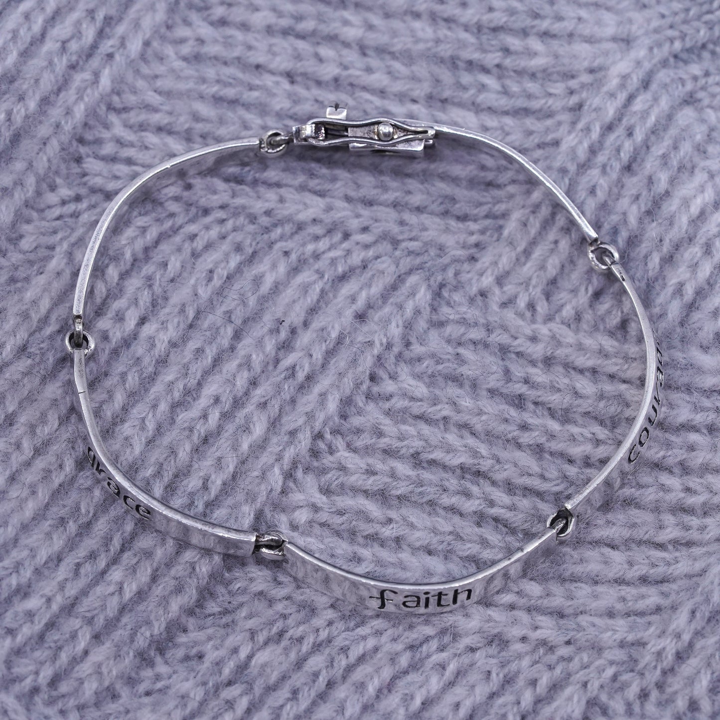 7.5", Sterling silver bracelet, 925 arched bar chain “ wisdom grace faith love”