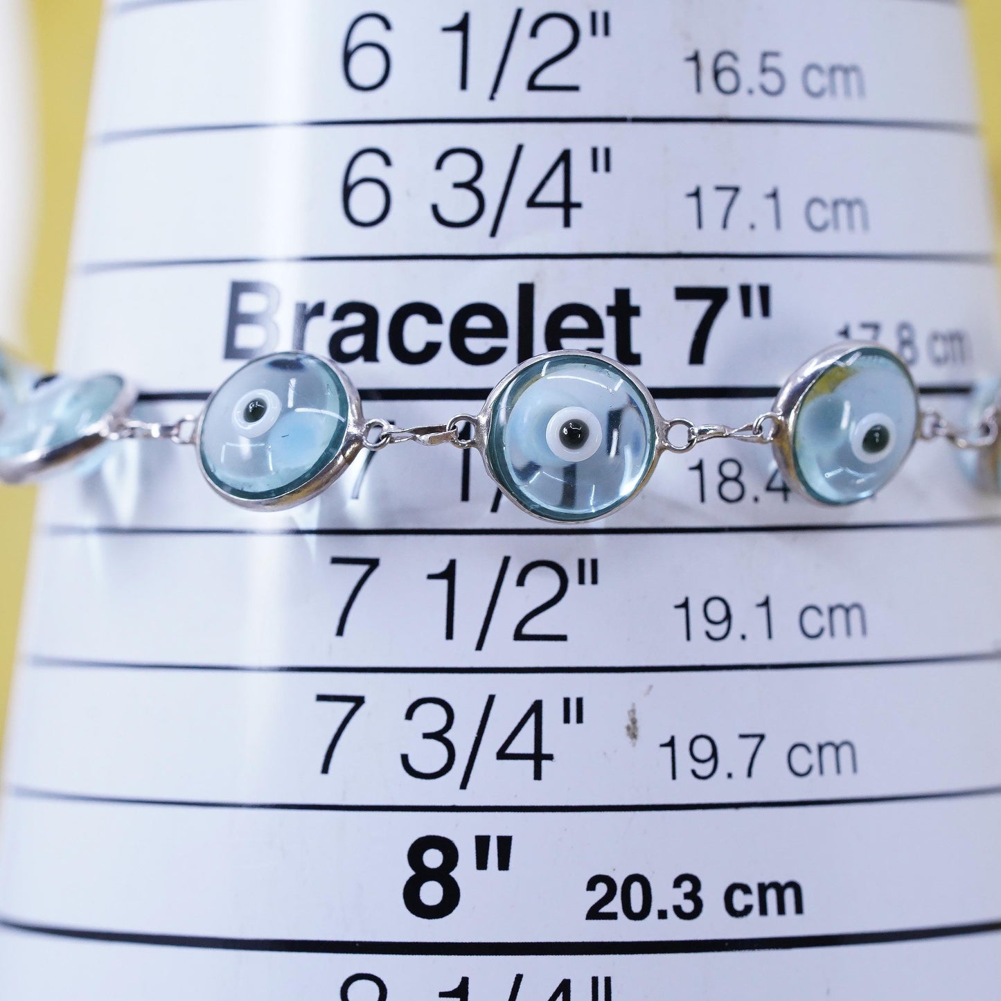 7.25", VTG sterling 925 silver handmade bracelet light blue evil eye bracelet