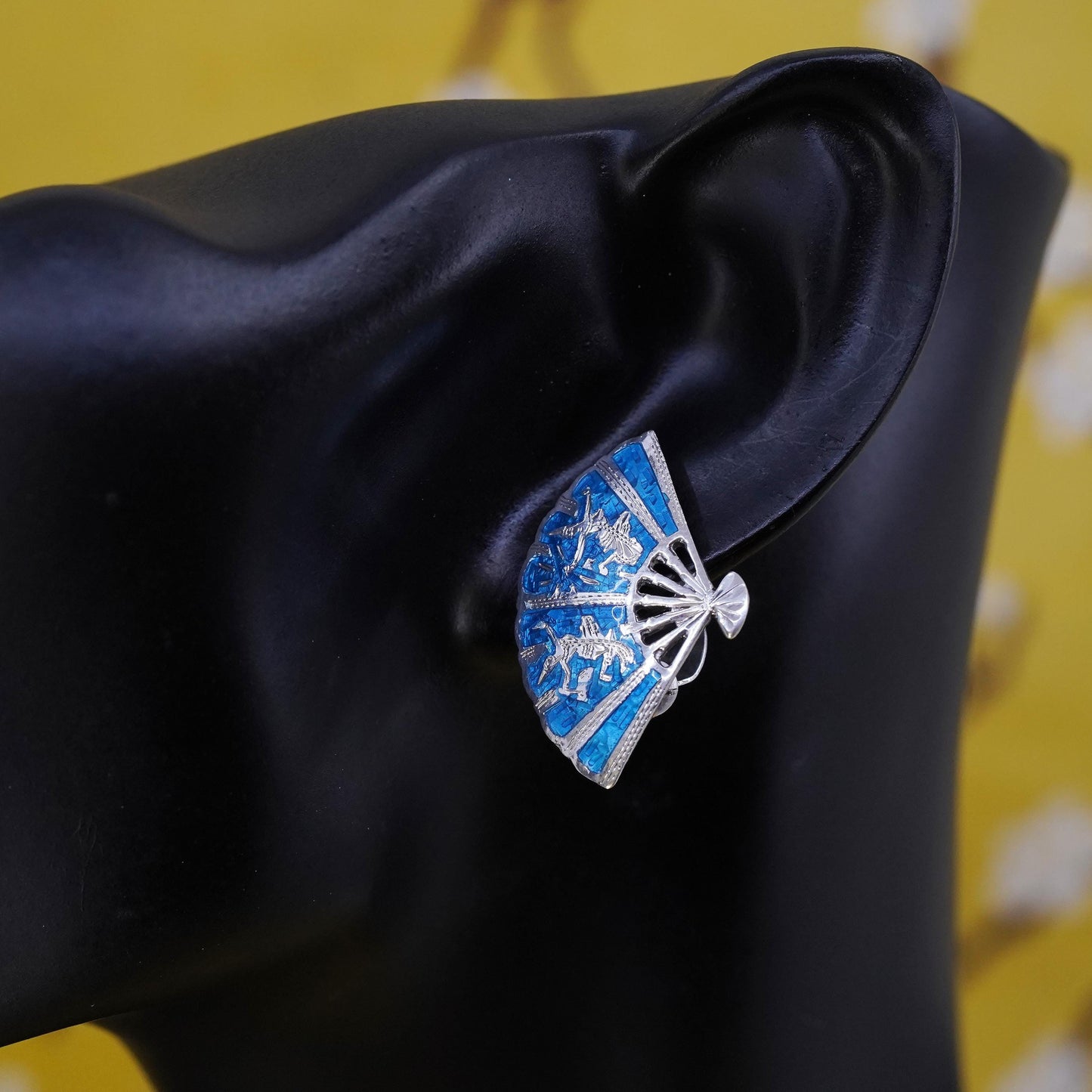 Siam sterling silver clip on, 925 India blue enamel fan earrings, niello silver
