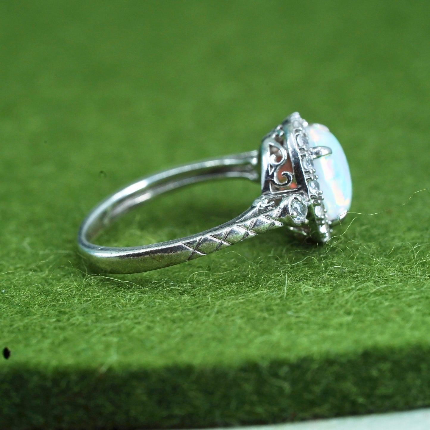 Size 4.25, vintage Sterling 925 silver handmade ring with round opal and cz